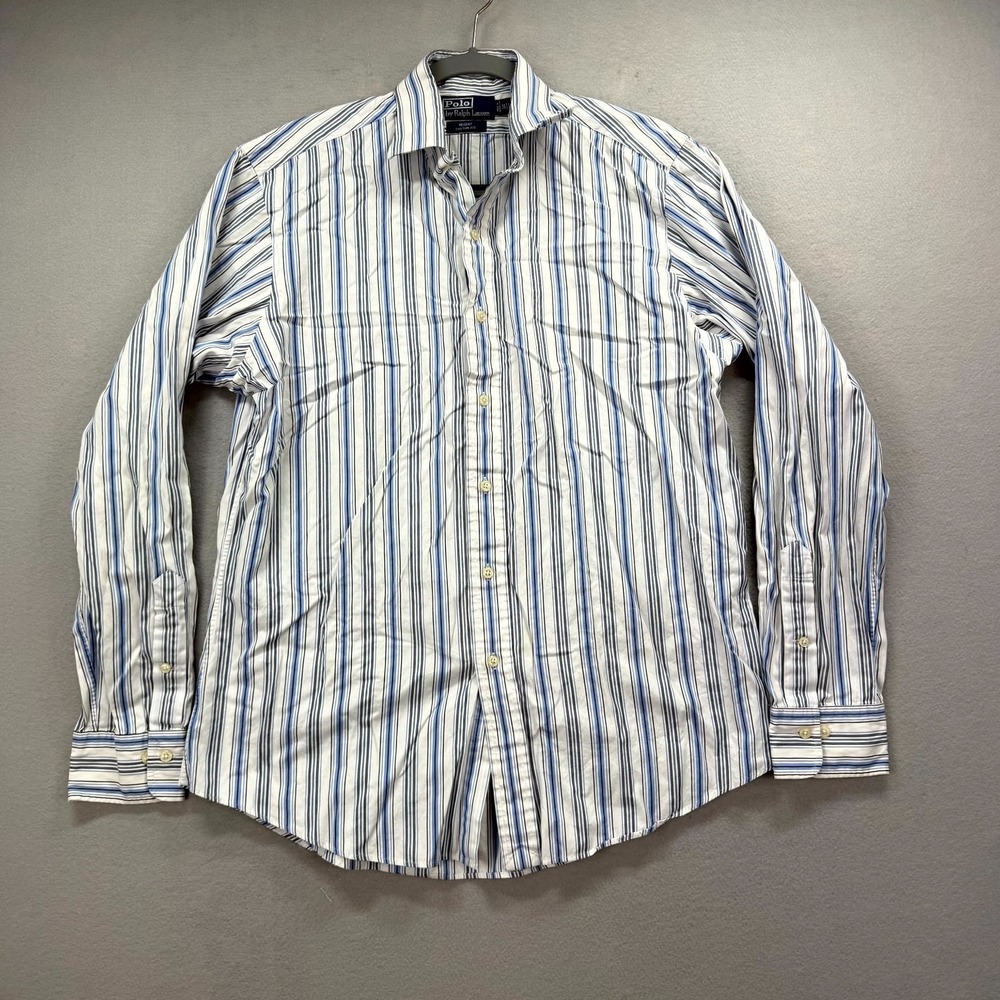 Polo Ralph Lauren Dress Shirt Mens Large-16 White Blue Striped Regent Custom Y2K